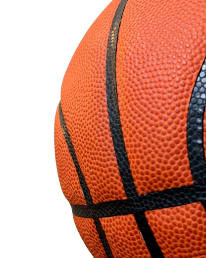 Close-up of a PYOW basketball with black stitching on a white background